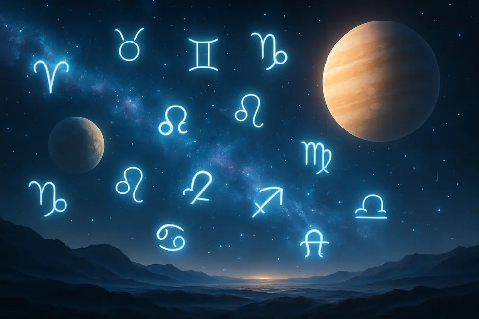 Futuristic landscape with zodiac symbols representing NFT artistry.
