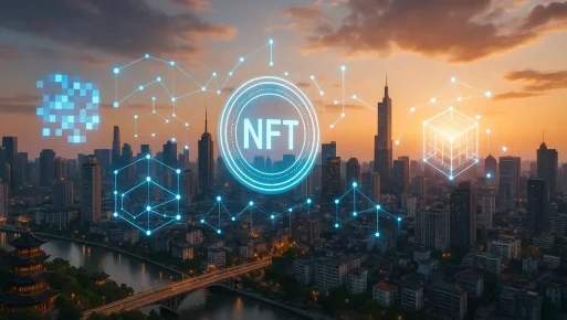Cityscape blended with digital and blockchain symbols representing NFT growth in Asia.