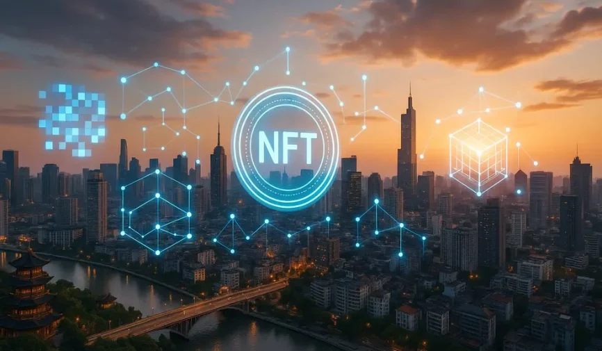 Cityscape blended with digital and blockchain symbols representing NFT growth in Asia.
