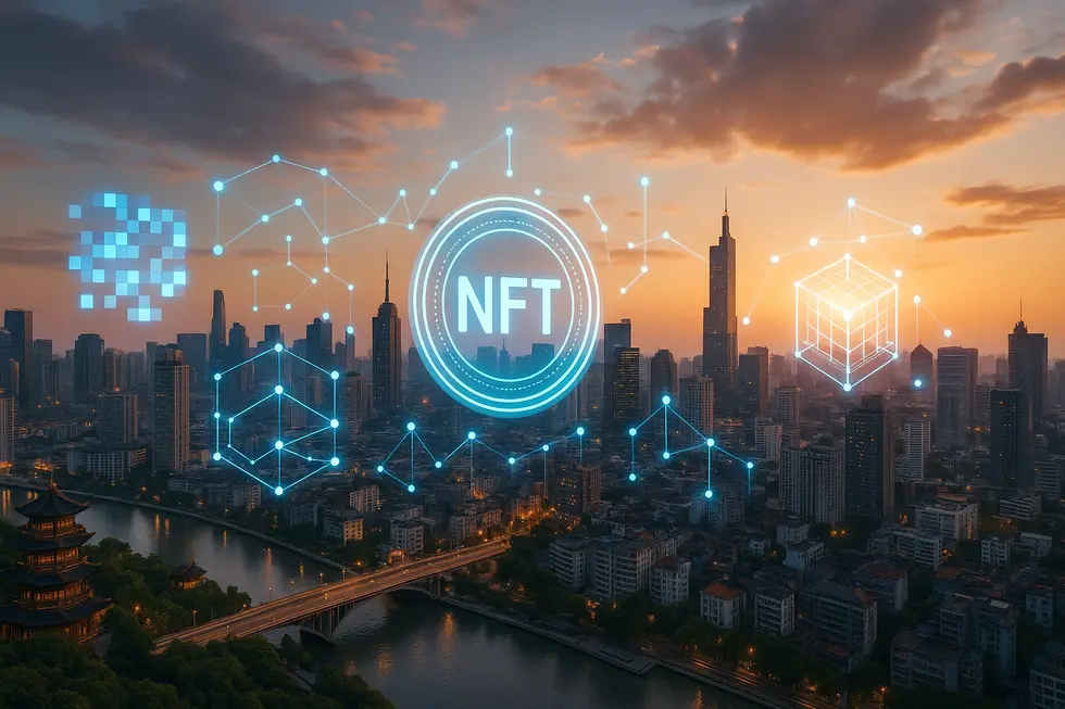 Cityscape blended with digital and blockchain symbols representing NFT growth in Asia.