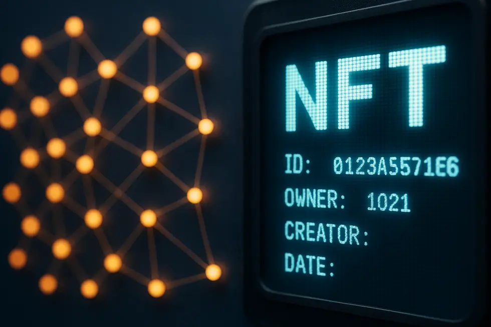 Digital artwork NFT alongside Bitcoin coins illustrating fungibility difference.