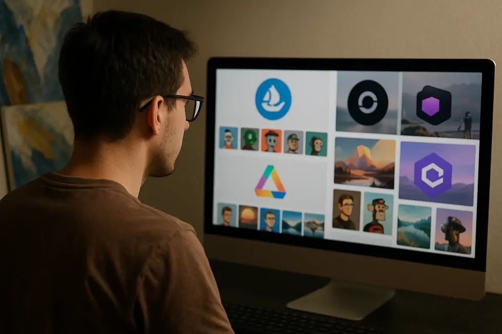 A digital artist exploring the foundational concepts of creating NFTs from digital artworks.