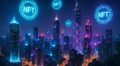 Futuristic Asian cityscape with holograms and digital displays of NFTs.