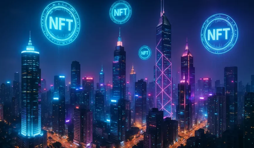 Futuristic Asian cityscape with holograms and digital displays of NFTs.