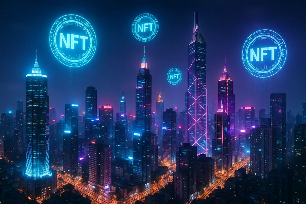 Futuristic Asian cityscape with holograms and digital displays of NFTs.