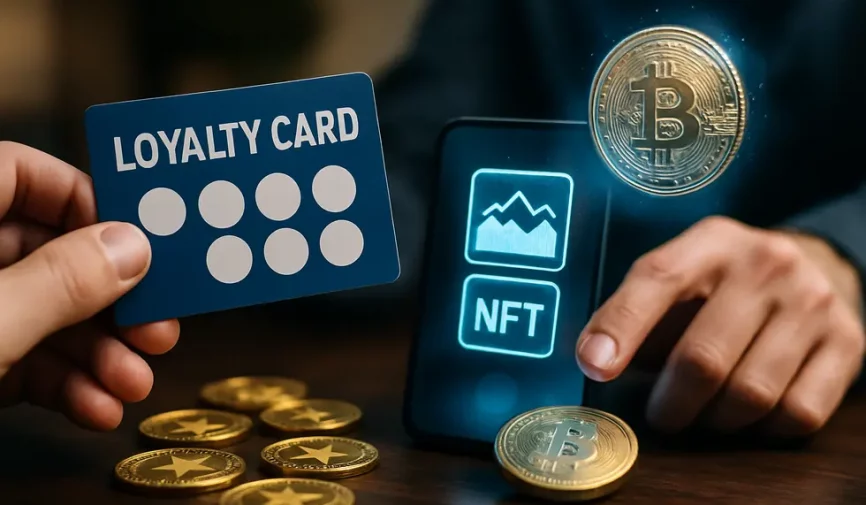 A collage of traditional loyalty cards interacting with NFT technology.