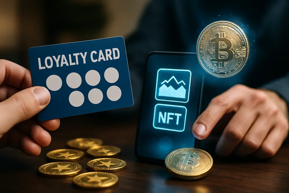 A collage of traditional loyalty cards interacting with NFT technology.