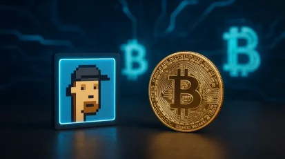 Image of a digital landscape featuring symbols of NFTs and cryptocurrencies, representing their roles and differences.