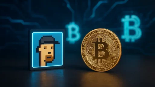 Image of a digital landscape featuring symbols of NFTs and cryptocurrencies, representing their roles and differences.