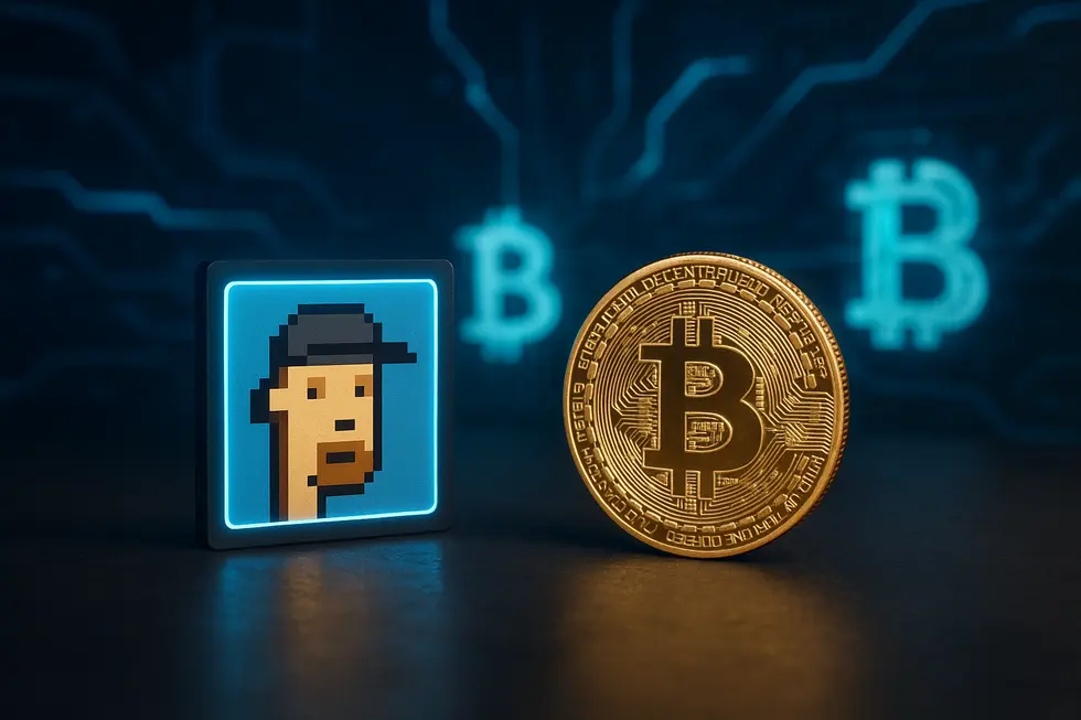 Image of a digital landscape featuring symbols of NFTs and cryptocurrencies, representing their roles and differences.
