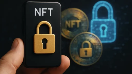 Visual of digital locks and symbols emphasizing NFT wallet security.