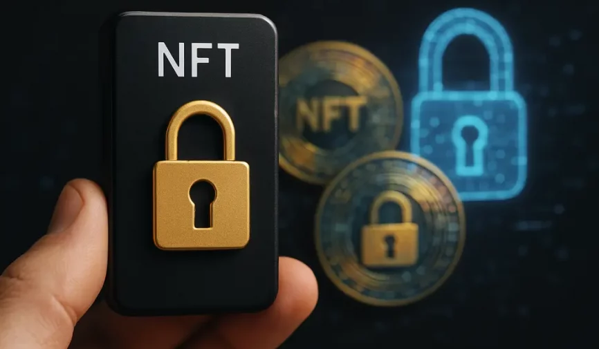 Visual of digital locks and symbols emphasizing NFT wallet security.