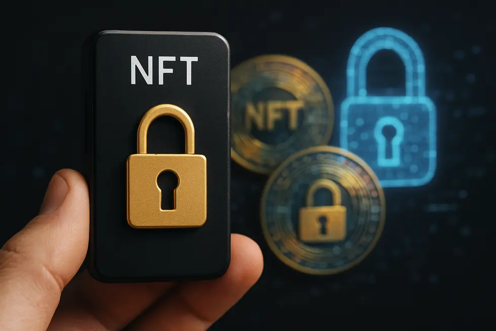 Visual of digital locks and symbols emphasizing NFT wallet security.