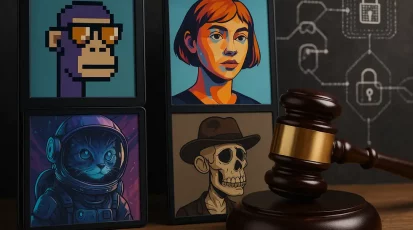 A collage showing NFT art, legal gavel, and blockchain, reflecting NFTs' role in intellectual property.