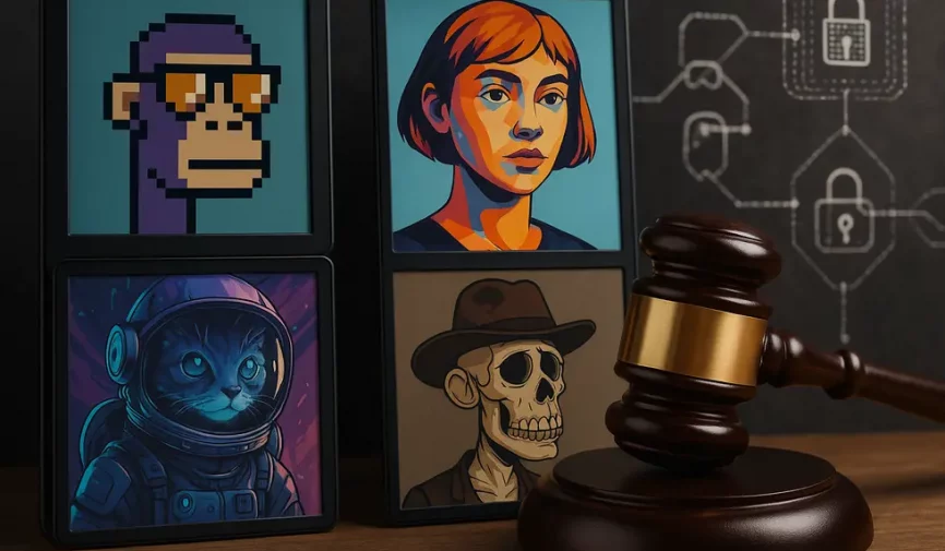 A collage showing NFT art, legal gavel, and blockchain, reflecting NFTs' role in intellectual property.
