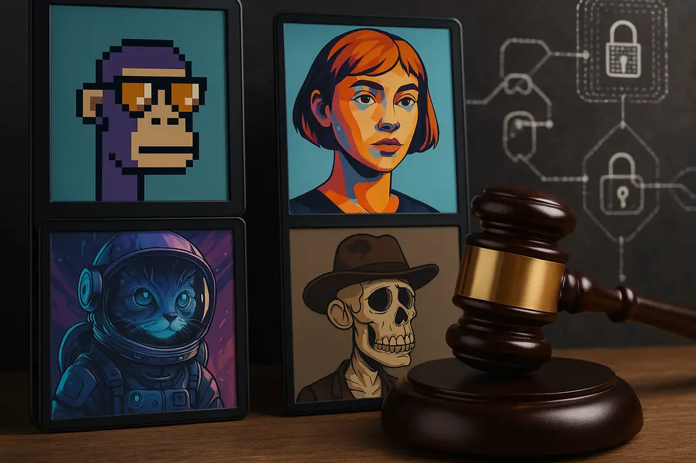 A collage showing NFT art, legal gavel, and blockchain, reflecting NFTs' role in intellectual property.