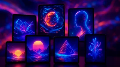 Digital screens showcasing vibrant digital artworks symbolizing their NFT transformation.