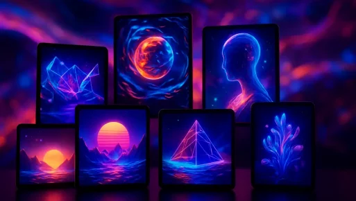 Digital screens showcasing vibrant digital artworks symbolizing their NFT transformation.