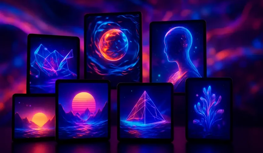 Digital screens showcasing vibrant digital artworks symbolizing their NFT transformation.