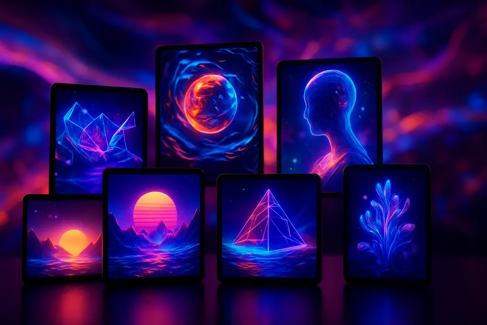 Digital screens showcasing vibrant digital artworks symbolizing their NFT transformation.