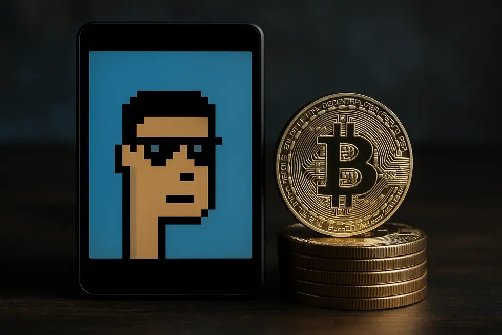 Digital artwork NFT alongside Bitcoin coins illustrating fungibility difference.