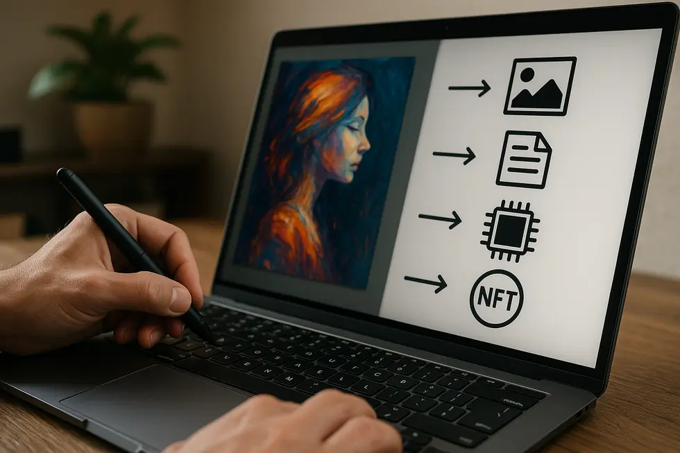 A digital artist exploring the foundational concepts of creating NFTs from digital artworks.