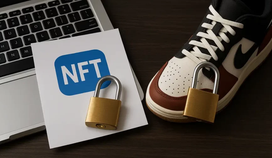 Photorealistic depiction of NFTs safeguarding digital and physical items, emphasizing anti-counterfeiting strategies.