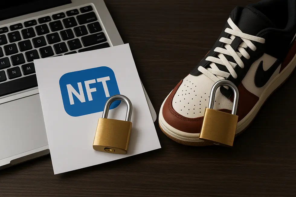 Photorealistic depiction of NFTs safeguarding digital and physical items, emphasizing anti-counterfeiting strategies.