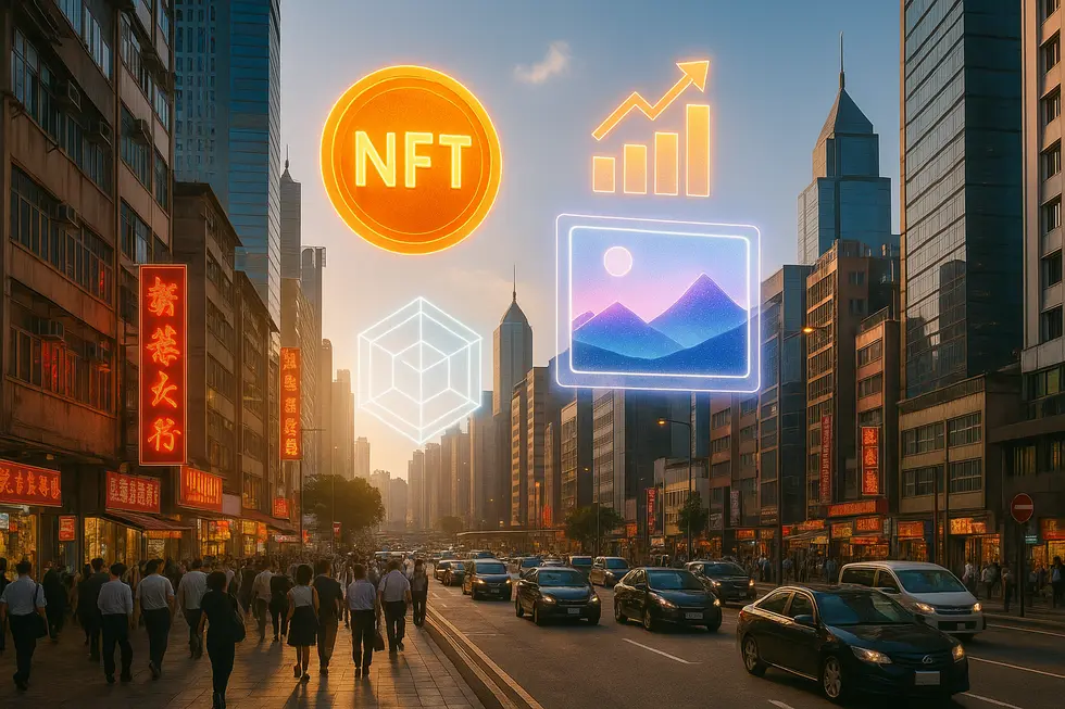Asian cityscape representing the NFT market’s rise in 2025.