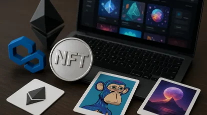 Illustration capturing various aspects of the NFT marketplace ecosystem, depicting diversity and integration.