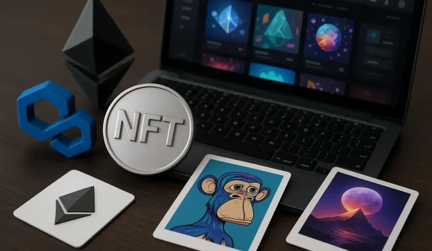 Illustration capturing various aspects of the NFT marketplace ecosystem, depicting diversity and integration.