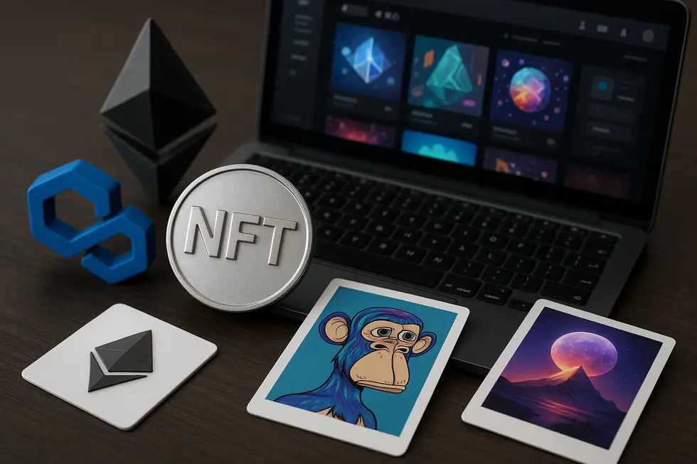 Illustration capturing various aspects of the NFT marketplace ecosystem, depicting diversity and integration.