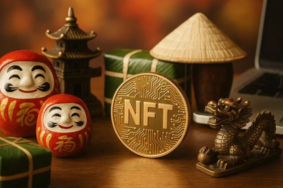 Cultural icons mixed with blockchain symbols representing NFTs' rise in Vietnam.