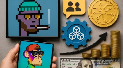 A collage of digital art, community symbols, gears, and finance icons, epitomizing the diverse strategies in NFT flipping.