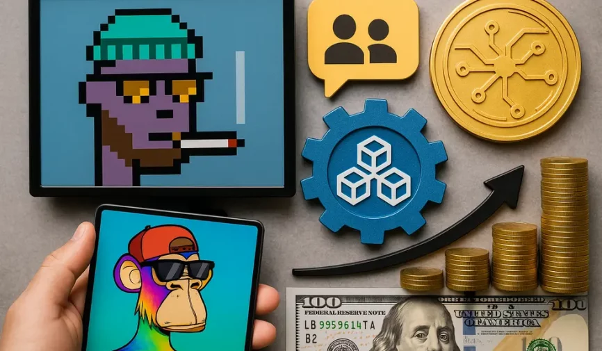 A collage of digital art, community symbols, gears, and finance icons, epitomizing the diverse strategies in NFT flipping.