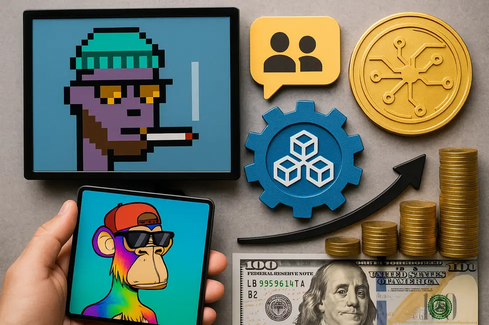 A collage of digital art, community symbols, gears, and finance icons, epitomizing the diverse strategies in NFT flipping.
