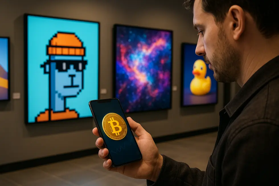 Digital artwork NFT alongside Bitcoin coins illustrating fungibility difference.