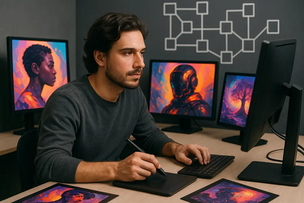 A digital artist exploring the foundational concepts of creating NFTs from digital artworks.
