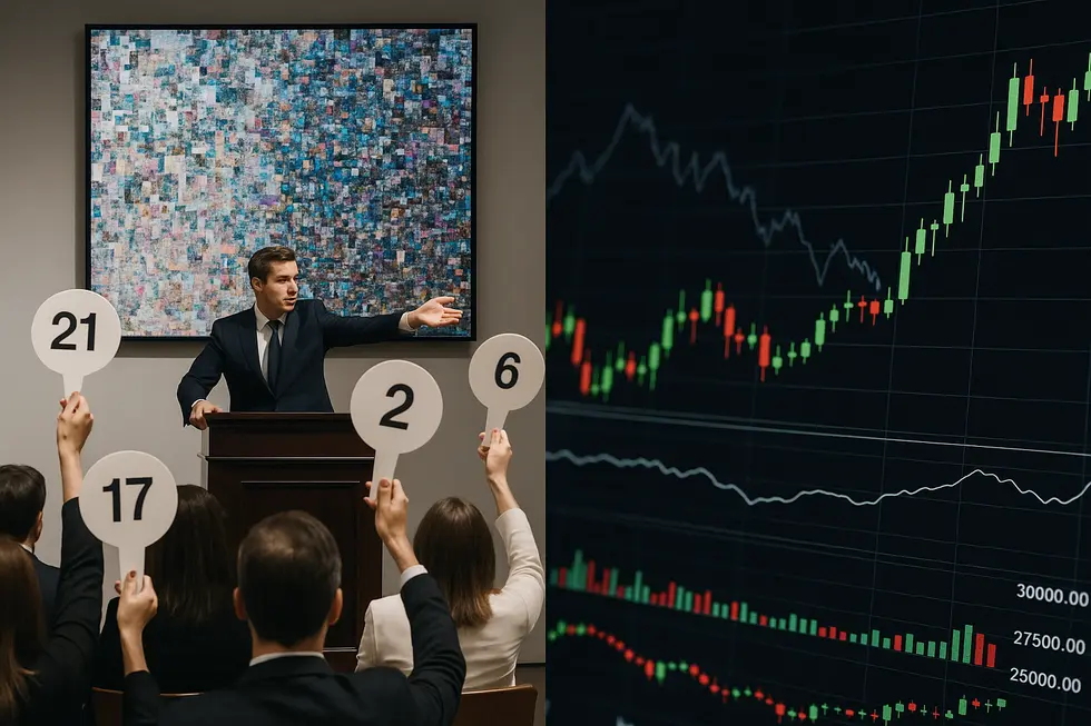 Digital artwork NFT alongside Bitcoin coins illustrating fungibility difference.
