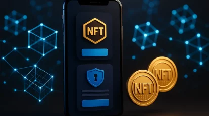 Futuristic mobile app interfaces connected with blockchain and NFTs.