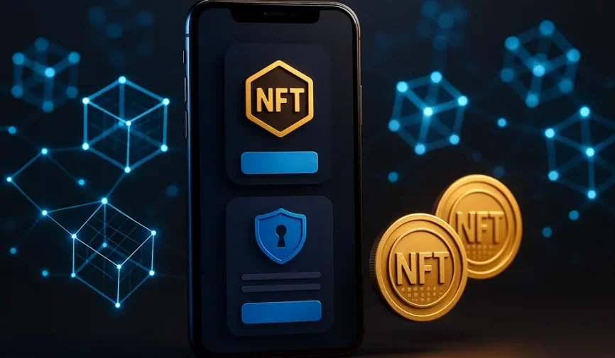Futuristic mobile app interfaces connected with blockchain and NFTs.