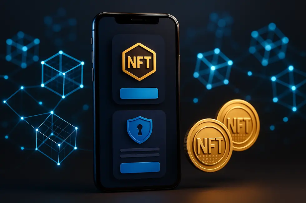 Futuristic mobile app interfaces connected with blockchain and NFTs.
