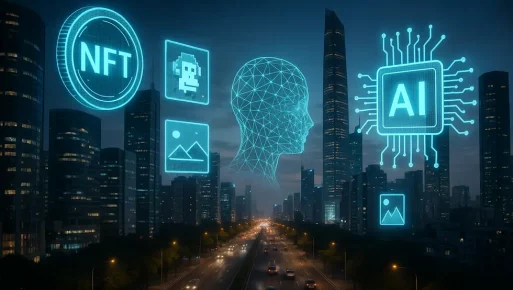 A futuristic city with holographic NFTs and AI elements, highlighting the synergy between NFTs and AI.