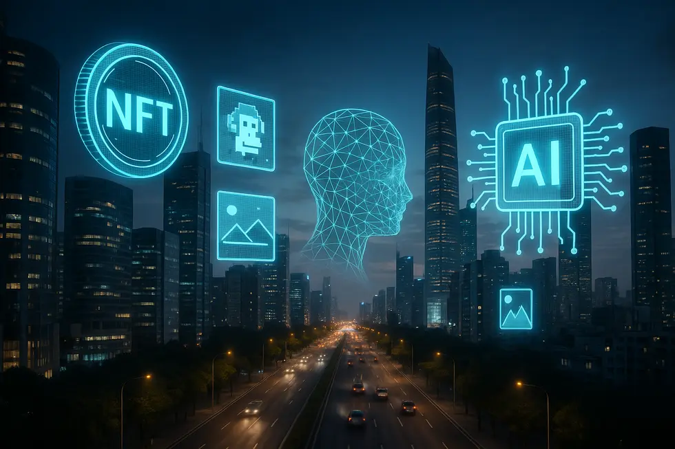 A futuristic city with holographic NFTs and AI elements, highlighting the synergy between NFTs and AI.
