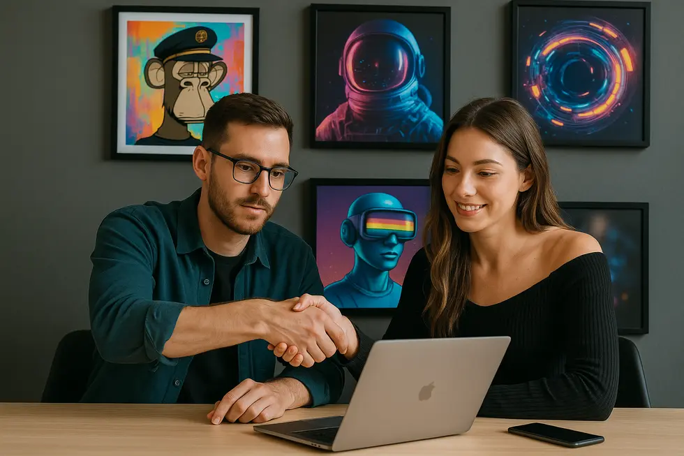 A digital scene illustrating the power of storytelling in NFT content marketing.