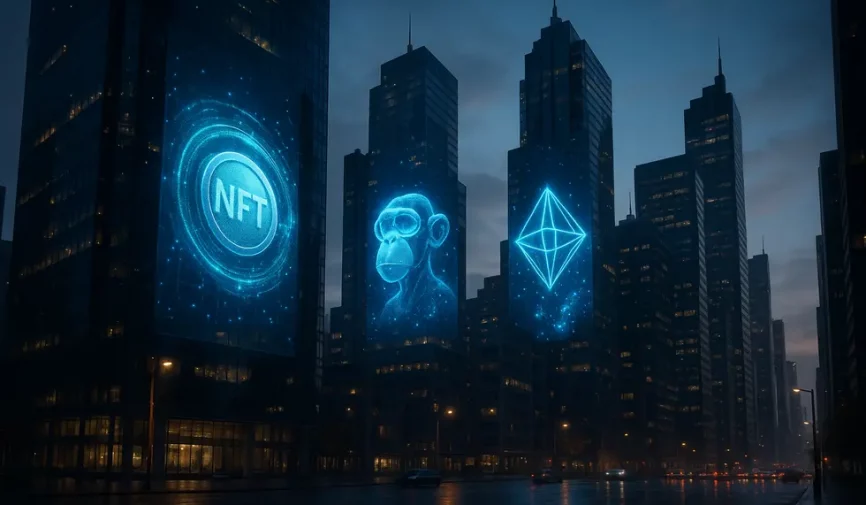 Holographic NFT ads in a futuristic city, illustrating innovation in NFT marketing.