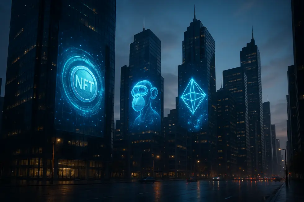 Holographic NFT ads in a futuristic city, illustrating innovation in NFT marketing.