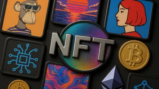 Collection of digital art and blockchain symbols centered around 'NFT'.