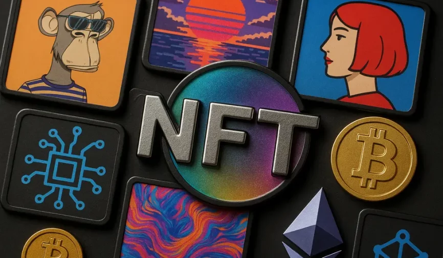 Collection of digital art and blockchain symbols centered around 'NFT'.