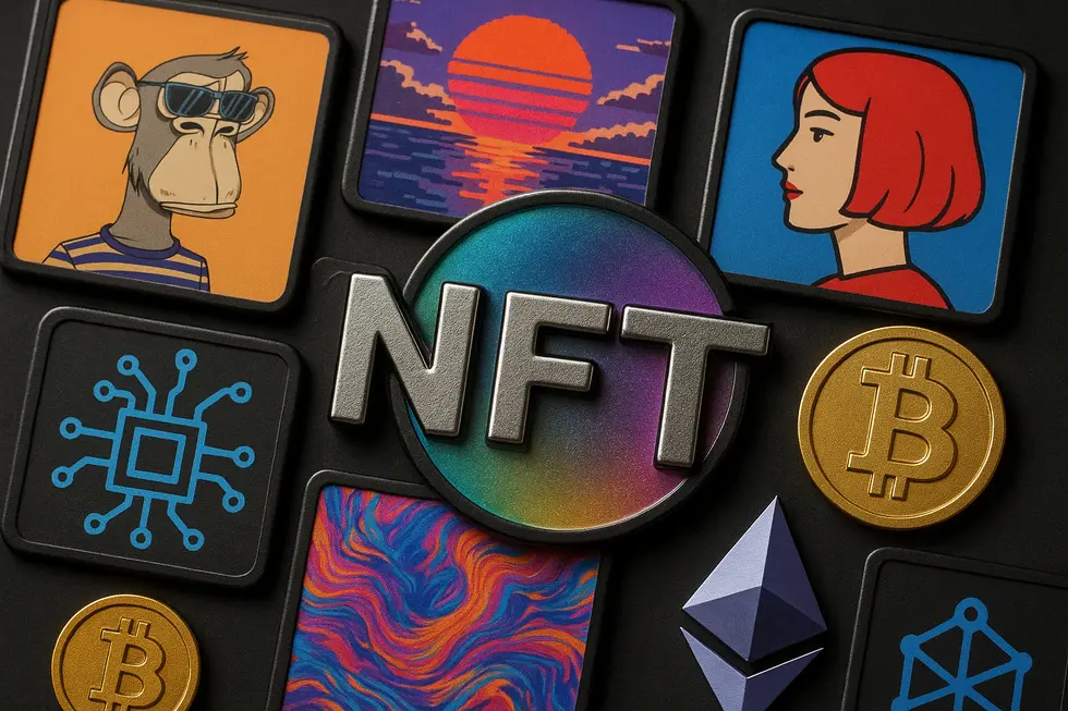 Collection of digital art and blockchain symbols centered around 'NFT'.